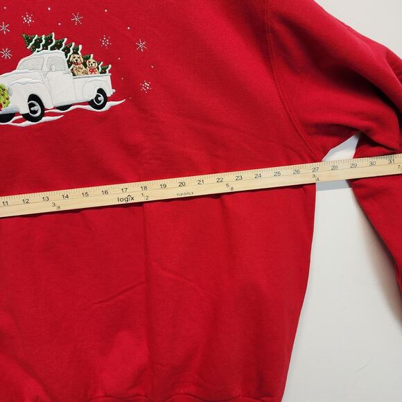 Morning Sun Red Holiday Sweatshirt Size 2XL Dogs Truck Xmas Tree 90s Granny - Picture 7 of 9